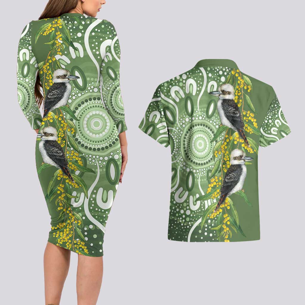 Aussie Kokaburra Golden Wattle Couples Matching Long Sleeve Bodycon Dress and Hawaiian Shirt Aboriginal with National Color
