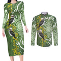 Aussie Kokaburra Golden Wattle Couples Matching Long Sleeve Bodycon Dress and Long Sleeve Button Shirt Aboriginal with National Color