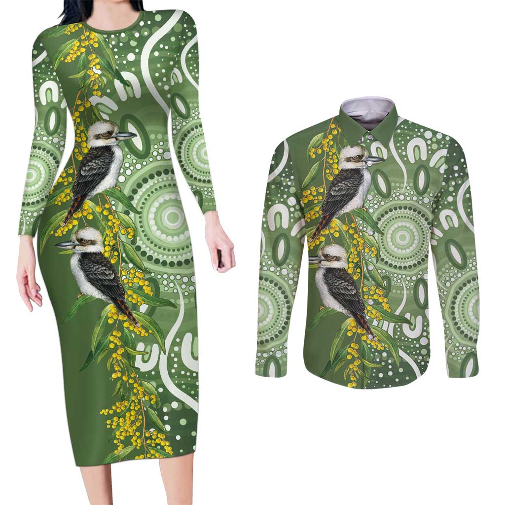 Aussie Kokaburra Golden Wattle Couples Matching Long Sleeve Bodycon Dress and Long Sleeve Button Shirt Aboriginal with National Color