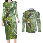 Aussie Kokaburra Golden Wattle Couples Matching Long Sleeve Bodycon Dress and Long Sleeve Button Shirt Aboriginal with National Color