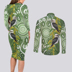 Aussie Kokaburra Golden Wattle Couples Matching Long Sleeve Bodycon Dress and Long Sleeve Button Shirt Aboriginal with National Color