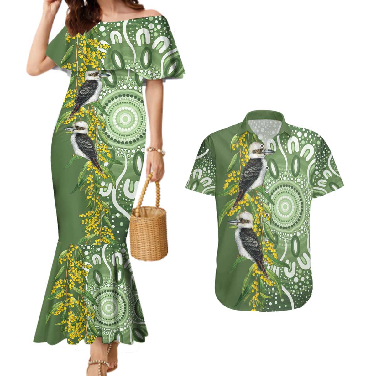Aussie Kokaburra Golden Wattle Couples Matching Mermaid Dress and Hawaiian Shirt Aboriginal with National Color