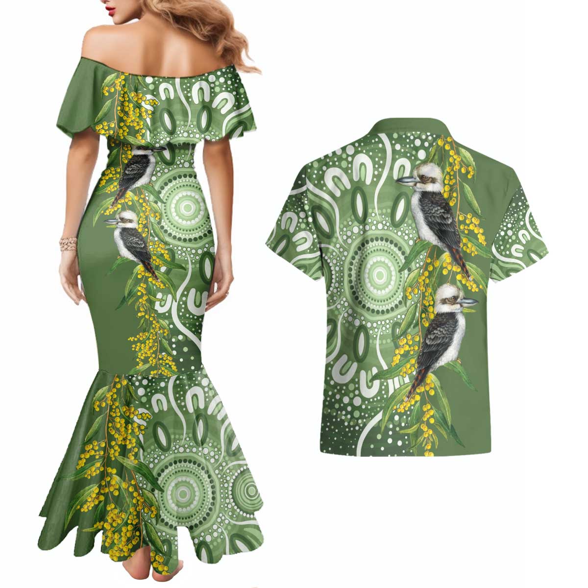 Aussie Kokaburra Golden Wattle Couples Matching Mermaid Dress and Hawaiian Shirt Aboriginal with National Color
