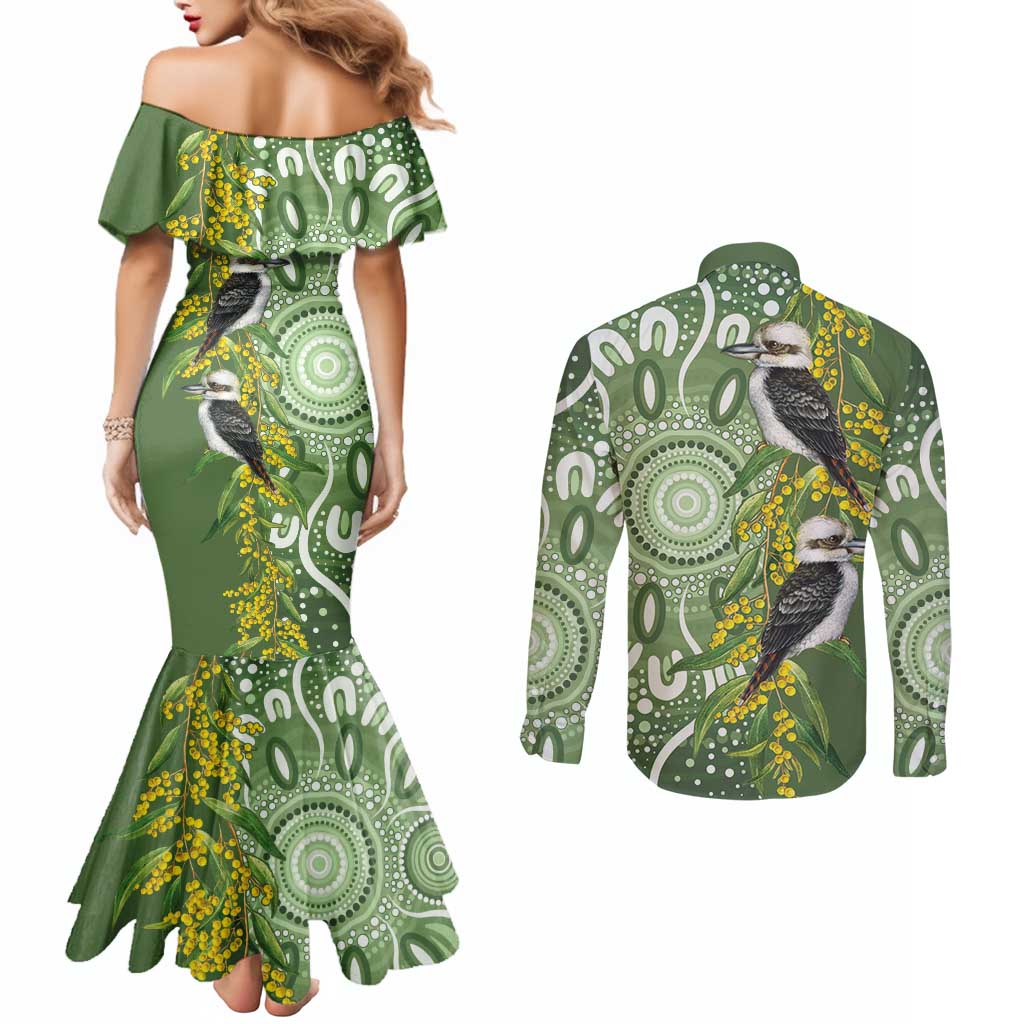 Aussie Kokaburra Golden Wattle Couples Matching Mermaid Dress and Long Sleeve Button Shirt Aboriginal with National Color