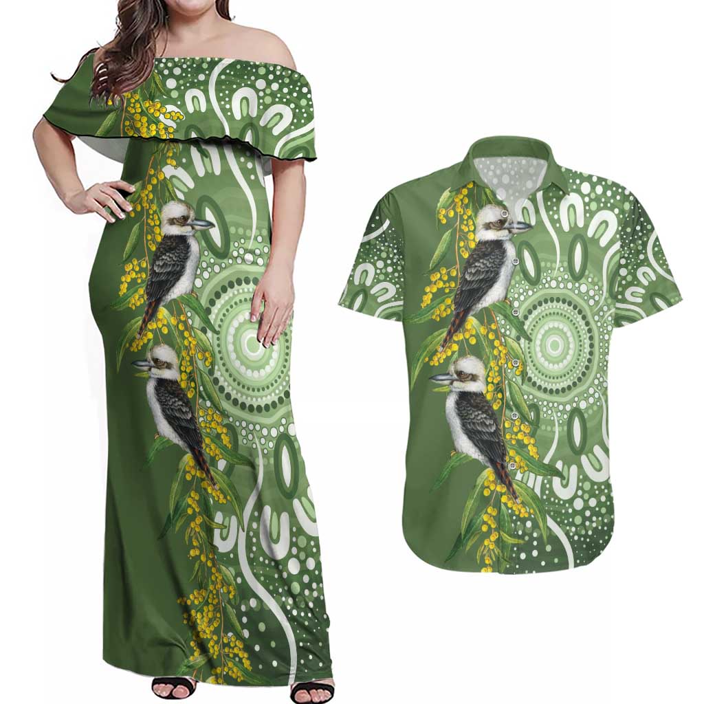 Aussie Kokaburra Golden Wattle Couples Matching Off Shoulder Maxi Dress and Hawaiian Shirt Aboriginal with National Color