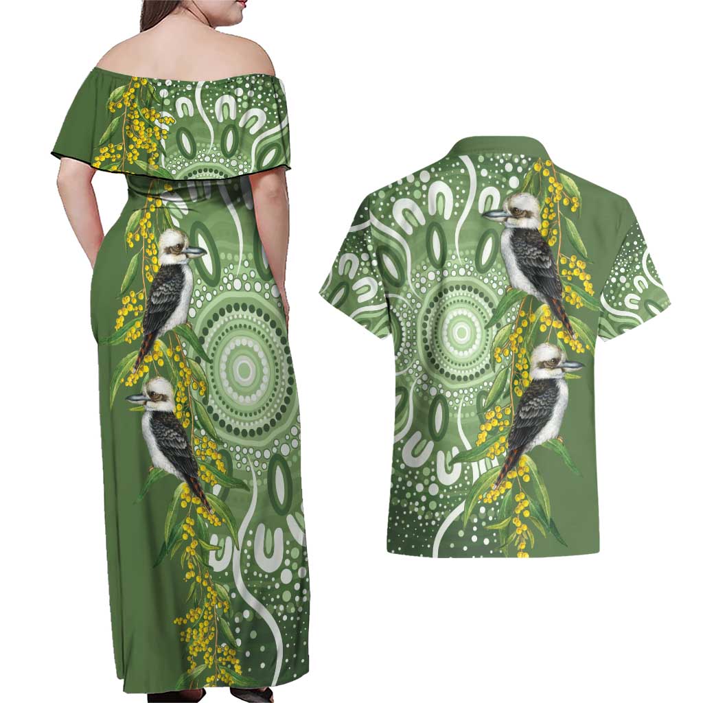 Aussie Kokaburra Golden Wattle Couples Matching Off Shoulder Maxi Dress and Hawaiian Shirt Aboriginal with National Color