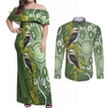 Aussie Kokaburra Golden Wattle Couples Matching Off Shoulder Maxi Dress and Long Sleeve Button Shirt Aboriginal with National Color