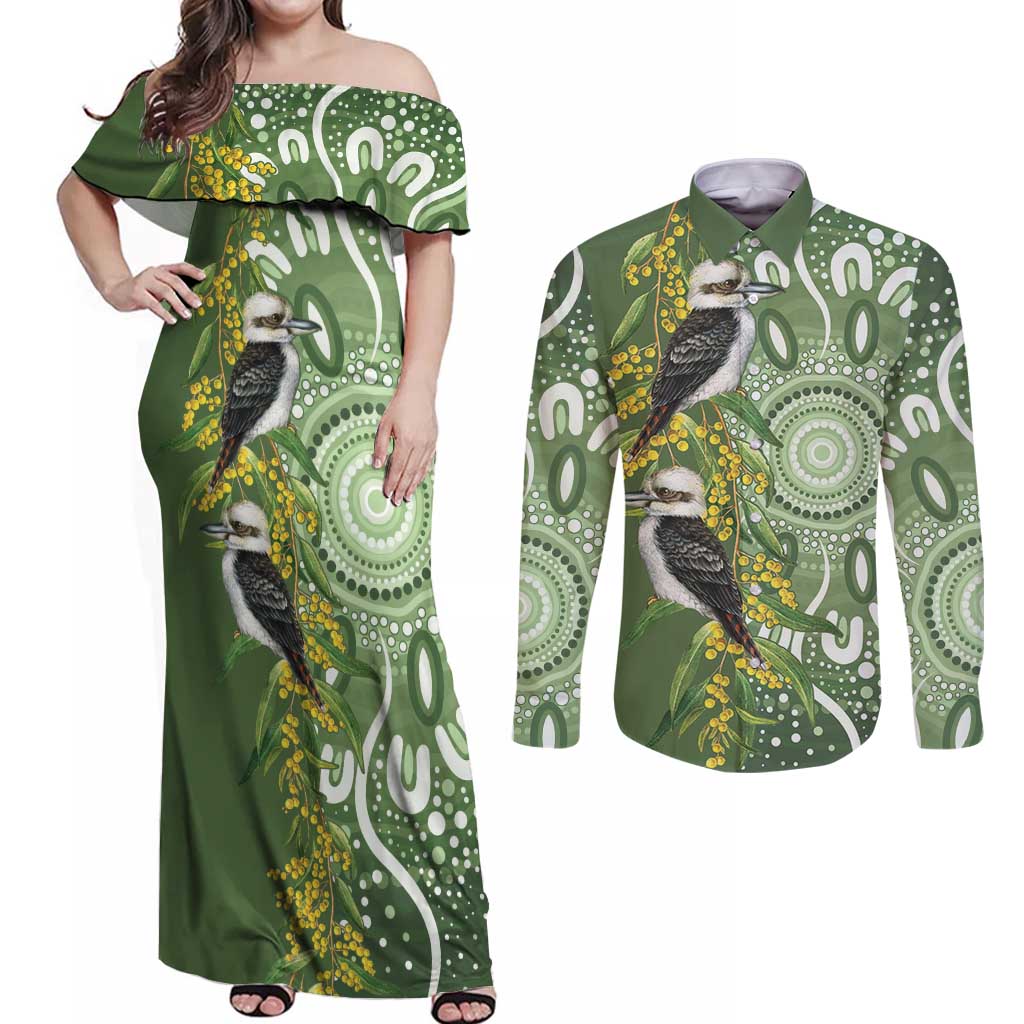 Aussie Kokaburra Golden Wattle Couples Matching Off Shoulder Maxi Dress and Long Sleeve Button Shirt Aboriginal with National Color