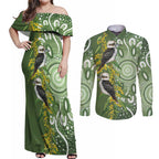 Aussie Kokaburra Golden Wattle Couples Matching Off Shoulder Maxi Dress and Long Sleeve Button Shirt Aboriginal with National Color