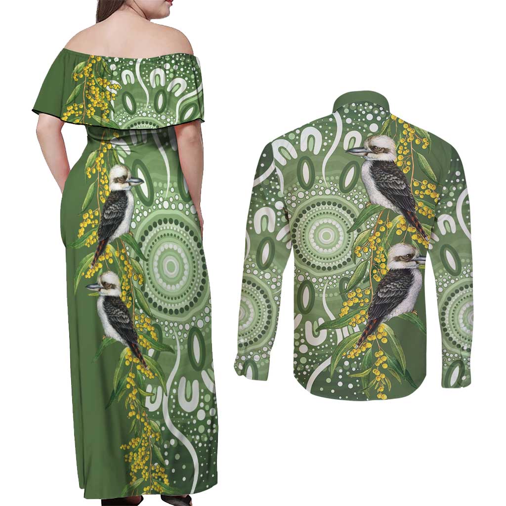 Aussie Kokaburra Golden Wattle Couples Matching Off Shoulder Maxi Dress and Long Sleeve Button Shirt Aboriginal with National Color