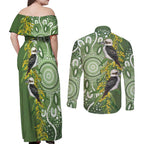 Aussie Kokaburra Golden Wattle Couples Matching Off Shoulder Maxi Dress and Long Sleeve Button Shirt Aboriginal with National Color