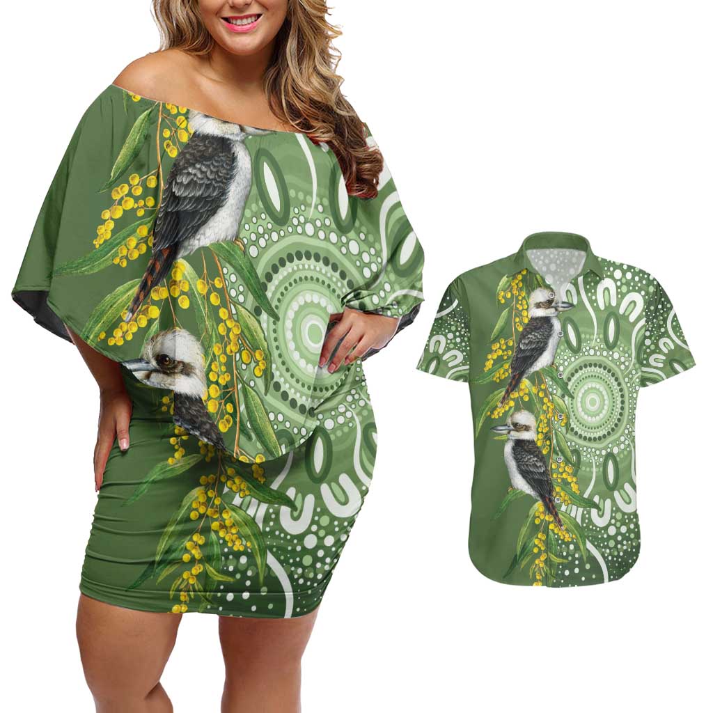 Aussie Kokaburra Golden Wattle Couples Matching Off Shoulder Short Dress and Hawaiian Shirt Aboriginal with National Color