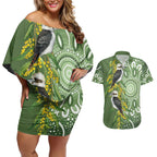 Aussie Kokaburra Golden Wattle Couples Matching Off Shoulder Short Dress and Hawaiian Shirt Aboriginal with National Color