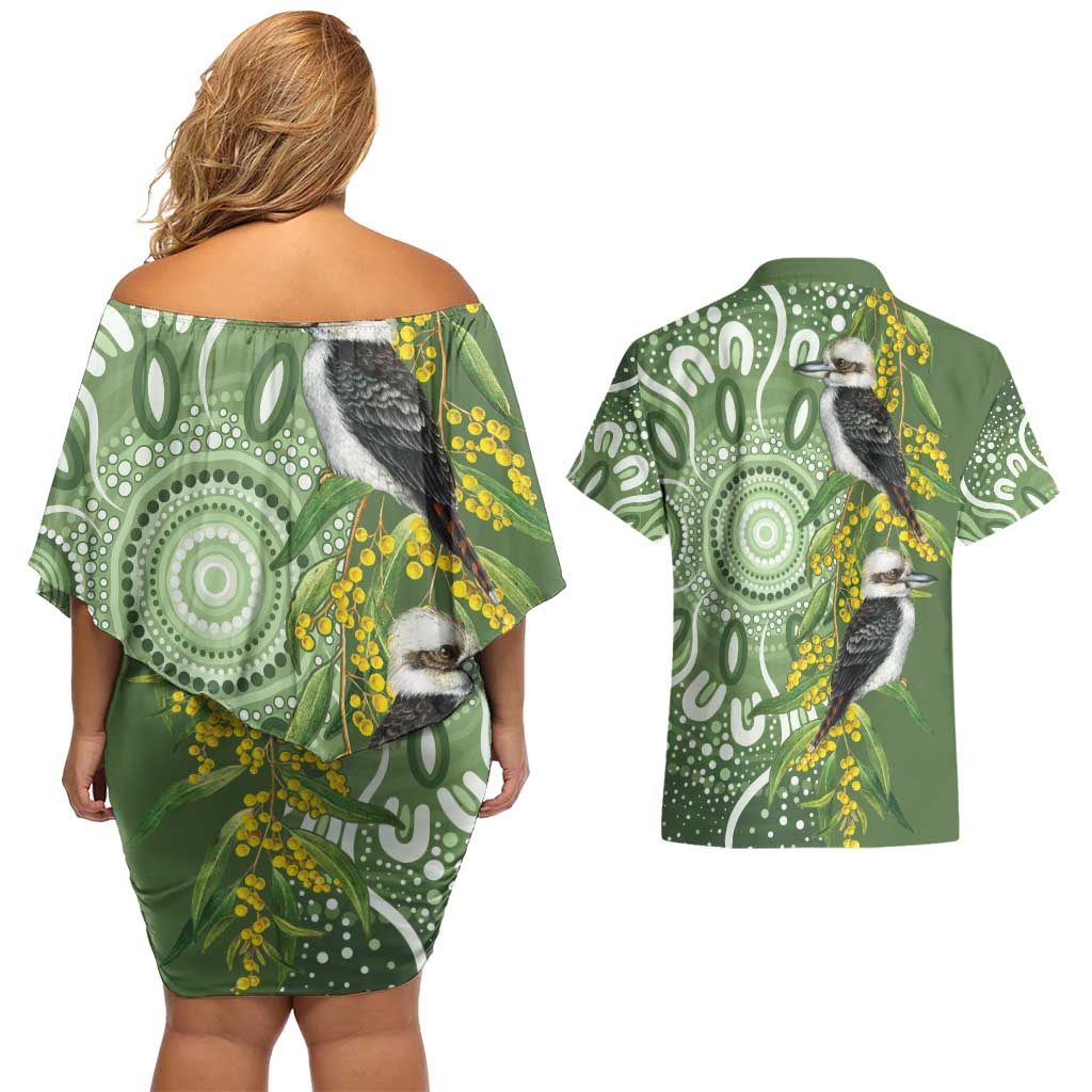 Aussie Kokaburra Golden Wattle Couples Matching Off Shoulder Short Dress and Hawaiian Shirt Aboriginal with National Color