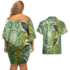 Aussie Kokaburra Golden Wattle Couples Matching Off Shoulder Short Dress and Hawaiian Shirt Aboriginal with National Color
