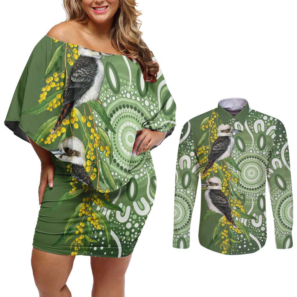Aussie Kokaburra Golden Wattle Couples Matching Off Shoulder Short Dress and Long Sleeve Button Shirt Aboriginal with National Color