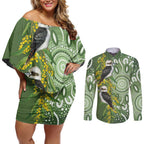 Aussie Kokaburra Golden Wattle Couples Matching Off Shoulder Short Dress and Long Sleeve Button Shirt Aboriginal with National Color
