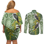 Aussie Kokaburra Golden Wattle Couples Matching Off Shoulder Short Dress and Long Sleeve Button Shirt Aboriginal with National Color