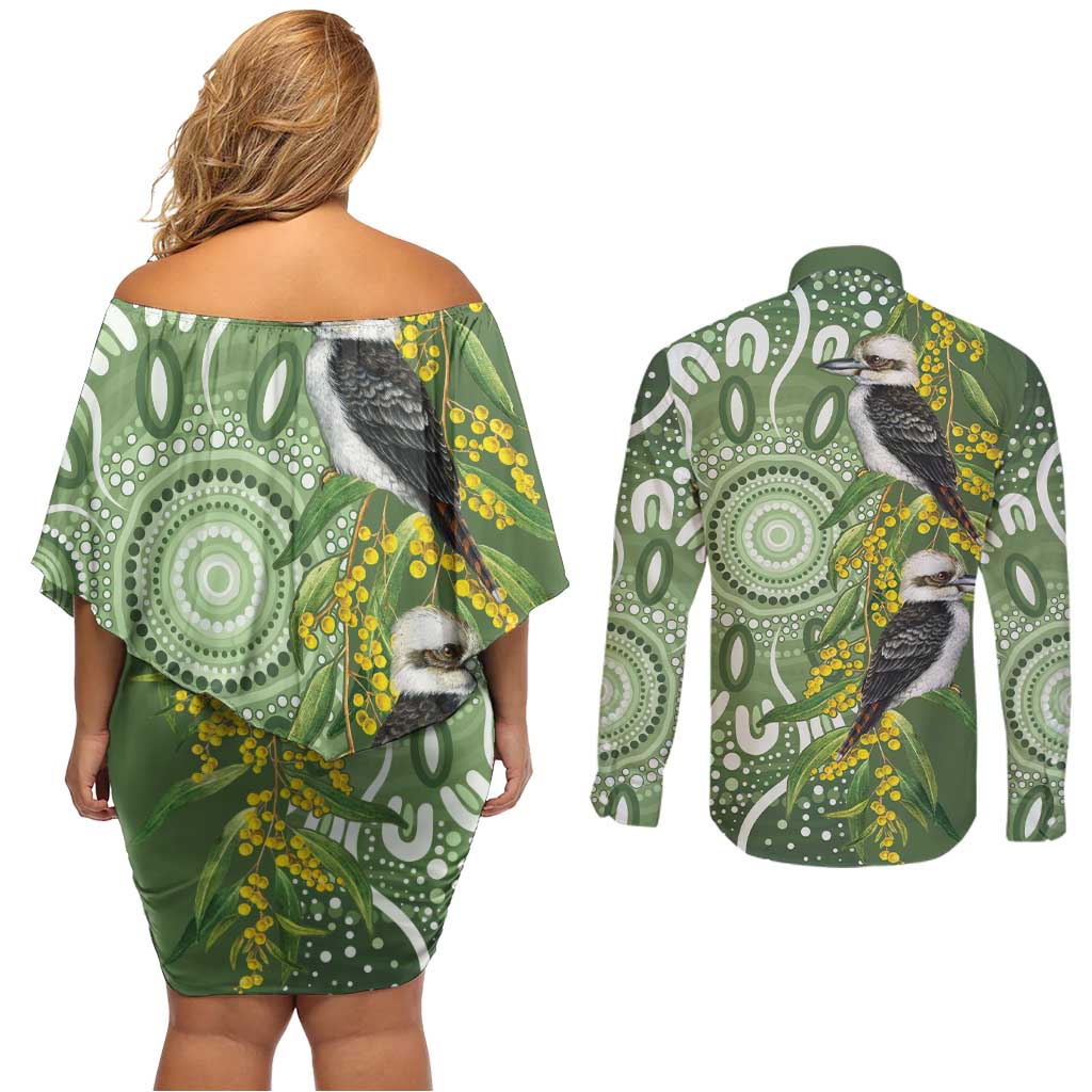 Aussie Kokaburra Golden Wattle Couples Matching Off Shoulder Short Dress and Long Sleeve Button Shirt Aboriginal with National Color