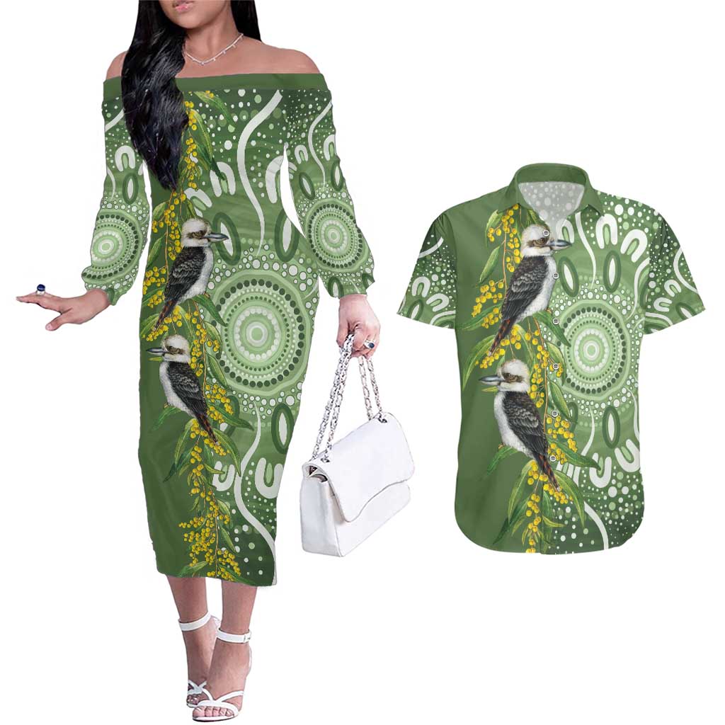 Aussie Kokaburra Golden Wattle Couples Matching Off The Shoulder Long Sleeve Dress and Hawaiian Shirt Aboriginal with National Color