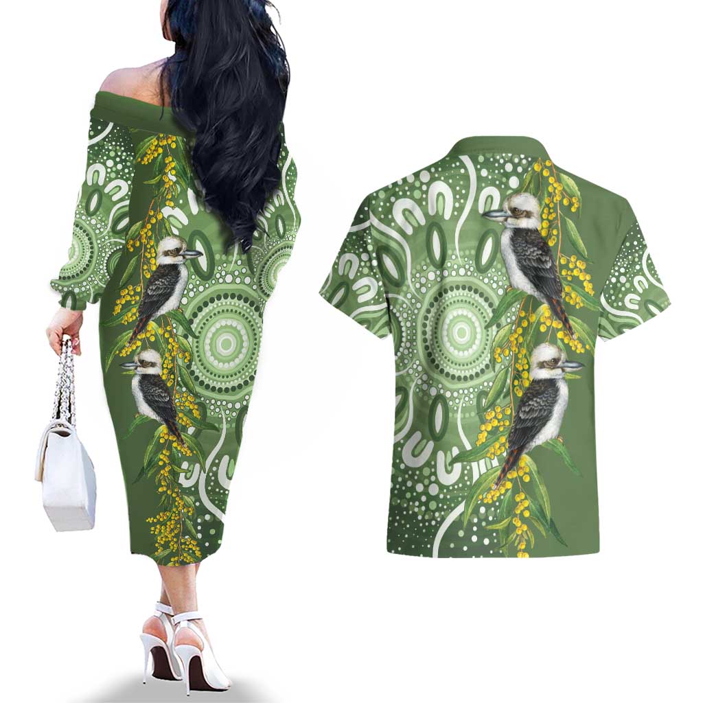 Aussie Kokaburra Golden Wattle Couples Matching Off The Shoulder Long Sleeve Dress and Hawaiian Shirt Aboriginal with National Color