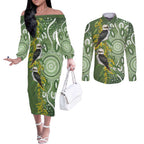 Aussie Kokaburra Golden Wattle Couples Matching Off The Shoulder Long Sleeve Dress and Long Sleeve Button Shirt Aboriginal with National Color