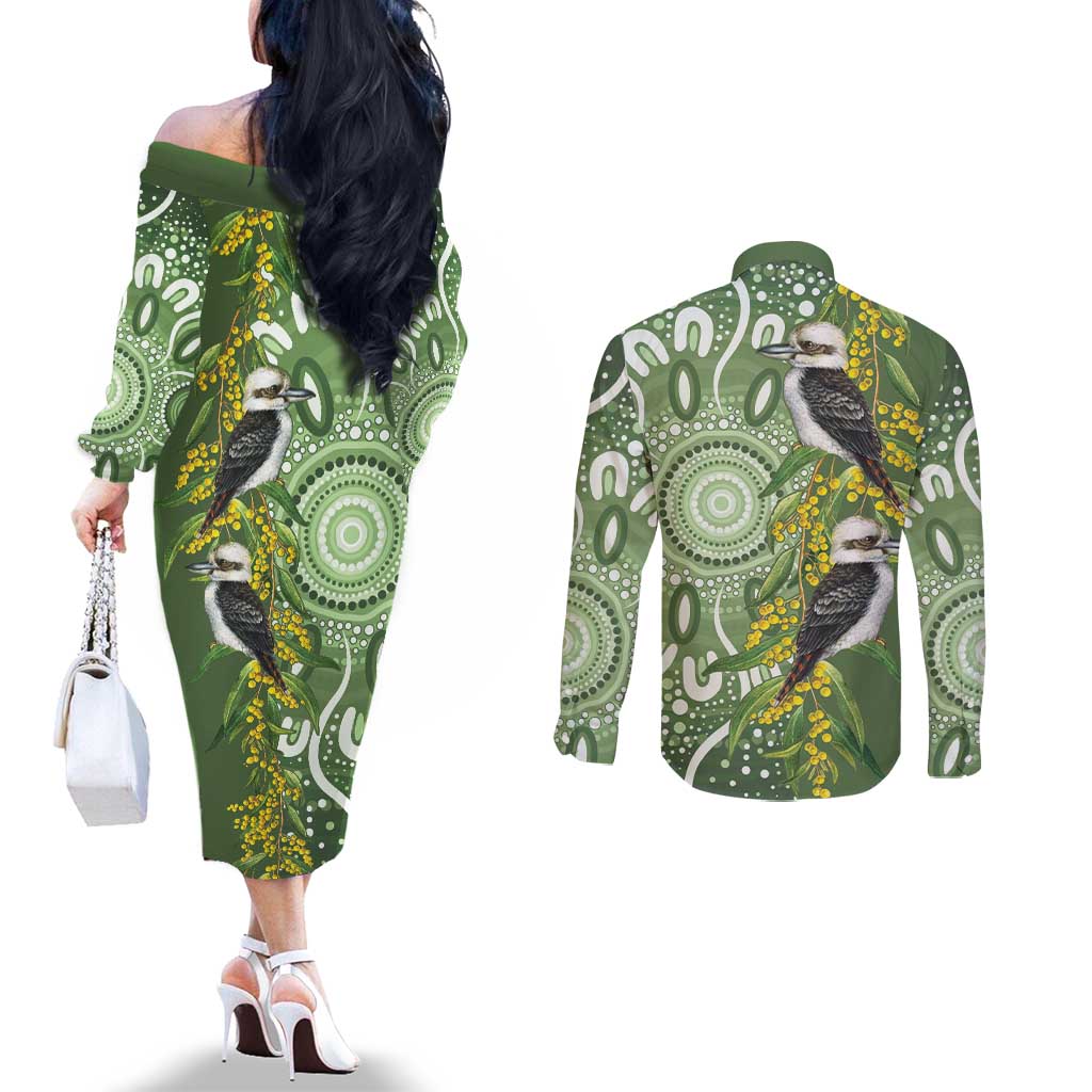 Aussie Kokaburra Golden Wattle Couples Matching Off The Shoulder Long Sleeve Dress and Long Sleeve Button Shirt Aboriginal with National Color