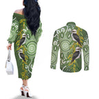 Aussie Kokaburra Golden Wattle Couples Matching Off The Shoulder Long Sleeve Dress and Long Sleeve Button Shirt Aboriginal with National Color