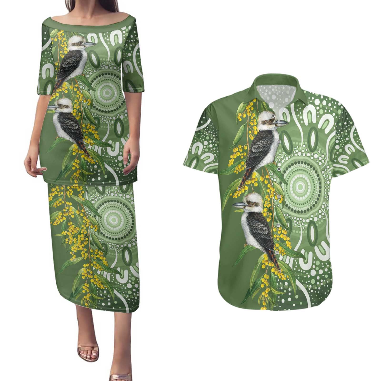 Aussie Kokaburra Golden Wattle Couples Matching Puletasi and Hawaiian Shirt Aboriginal with National Color