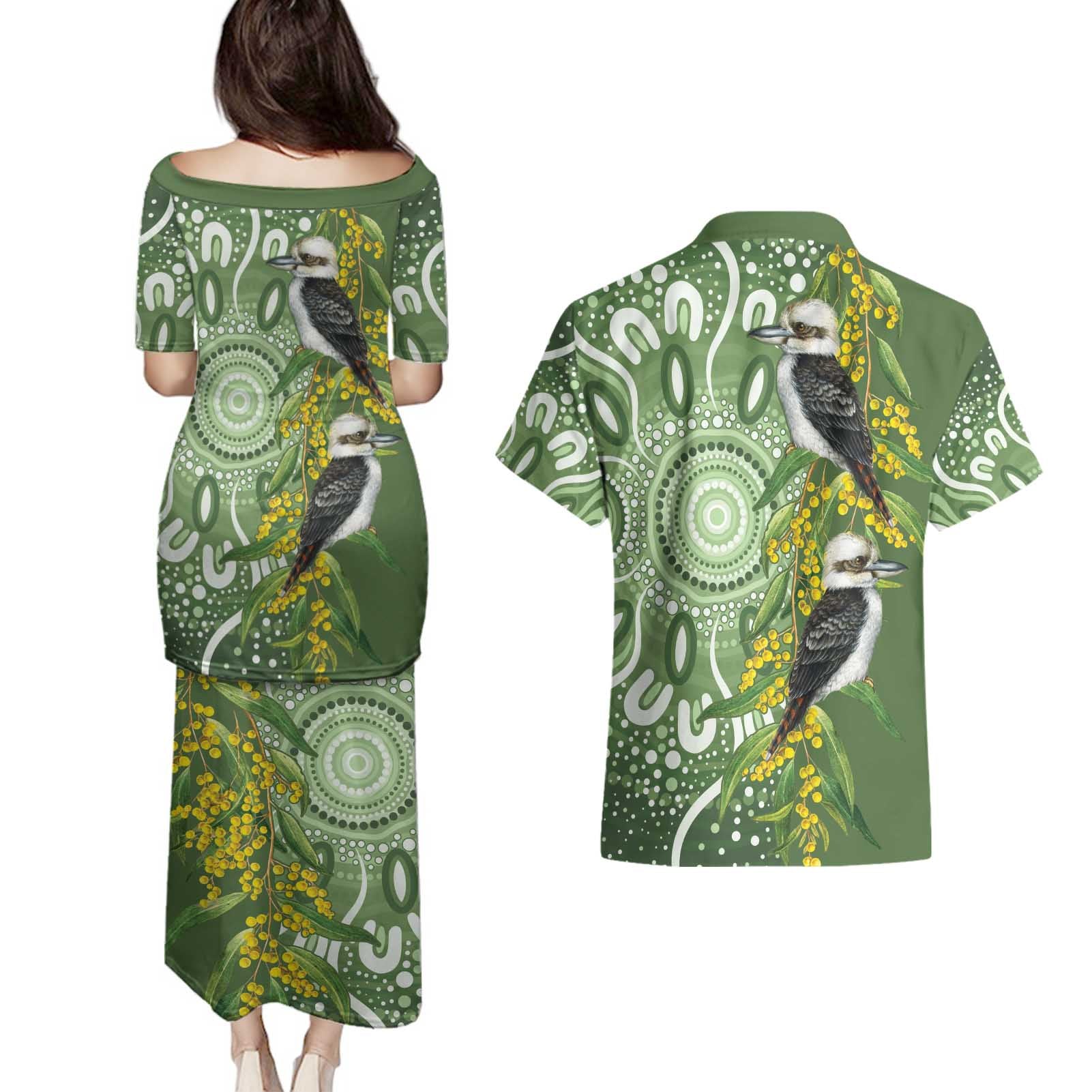 Aussie Kokaburra Golden Wattle Couples Matching Puletasi and Hawaiian Shirt Aboriginal with National Color