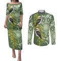 Aussie Kokaburra Golden Wattle Couples Matching Puletasi and Long Sleeve Button Shirt Aboriginal with National Color