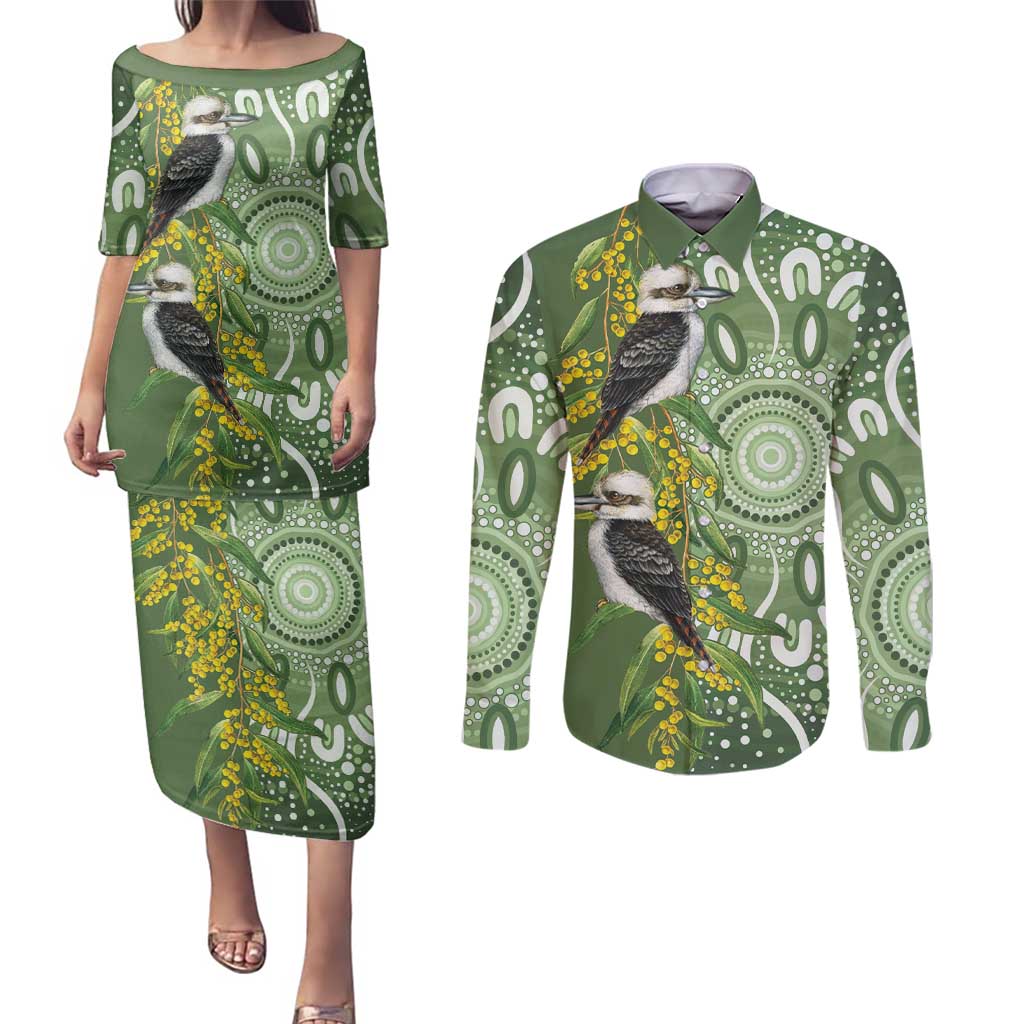 Aussie Kokaburra Golden Wattle Couples Matching Puletasi and Long Sleeve Button Shirt Aboriginal with National Color