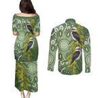 Aussie Kokaburra Golden Wattle Couples Matching Puletasi and Long Sleeve Button Shirt Aboriginal with National Color