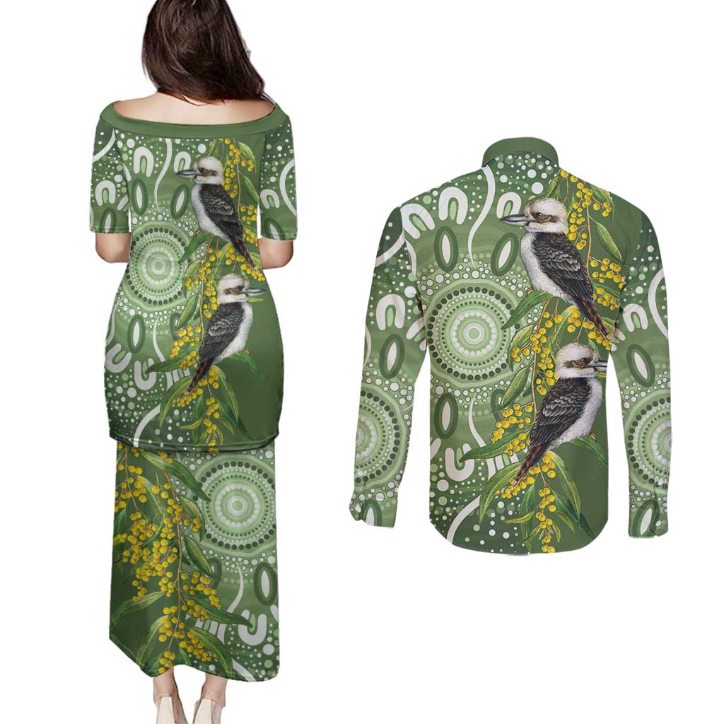 Aussie Kokaburra Golden Wattle Couples Matching Puletasi and Long Sleeve Button Shirt Aboriginal with National Color