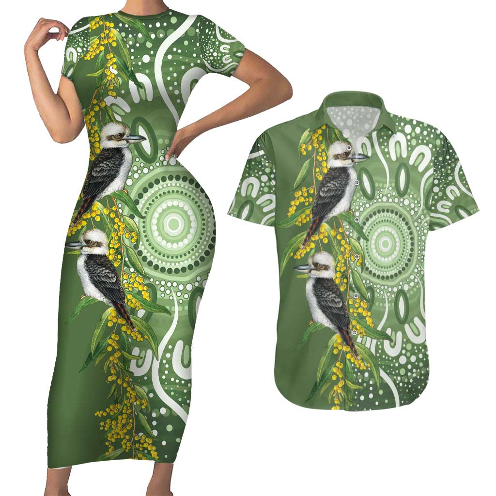 Aussie Kokaburra Golden Wattle Couples Matching Short Sleeve Bodycon Dress and Hawaiian Shirt Aboriginal with National Color