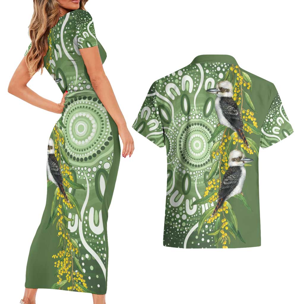 Aussie Kokaburra Golden Wattle Couples Matching Short Sleeve Bodycon Dress and Hawaiian Shirt Aboriginal with National Color