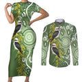 Aussie Kokaburra Golden Wattle Couples Matching Short Sleeve Bodycon Dress and Long Sleeve Button Shirt Aboriginal with National Color