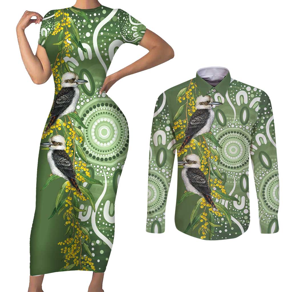 Aussie Kokaburra Golden Wattle Couples Matching Short Sleeve Bodycon Dress and Long Sleeve Button Shirt Aboriginal with National Color