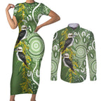 Aussie Kokaburra Golden Wattle Couples Matching Short Sleeve Bodycon Dress and Long Sleeve Button Shirt Aboriginal with National Color