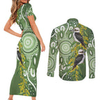 Aussie Kokaburra Golden Wattle Couples Matching Short Sleeve Bodycon Dress and Long Sleeve Button Shirt Aboriginal with National Color