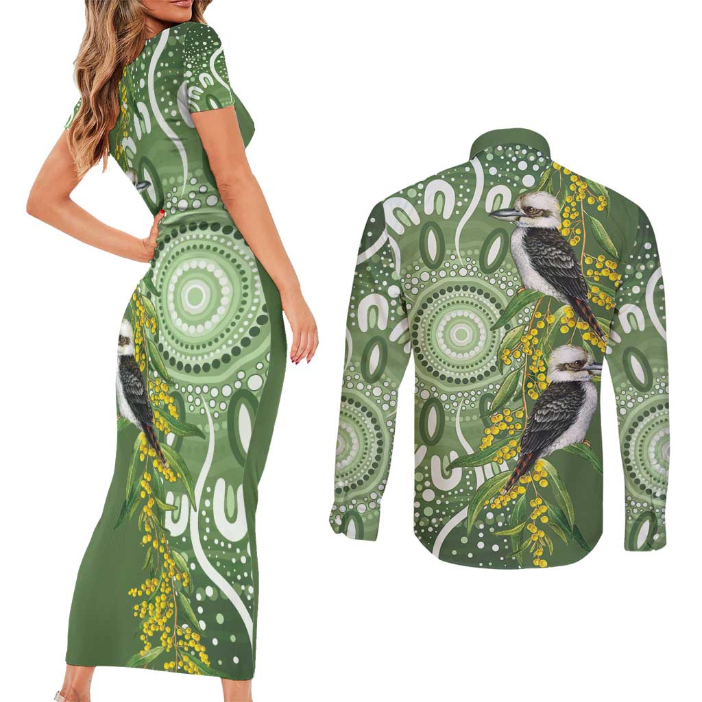 Aussie Kokaburra Golden Wattle Couples Matching Short Sleeve Bodycon Dress and Long Sleeve Button Shirt Aboriginal with National Color