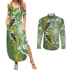 Aussie Kokaburra Golden Wattle Couples Matching Summer Maxi Dress and Long Sleeve Button Shirt Aboriginal with National Color