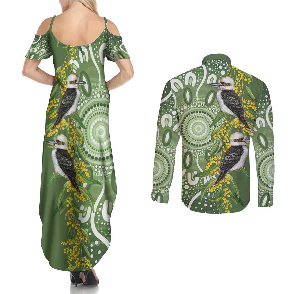 Aussie Kokaburra Golden Wattle Couples Matching Summer Maxi Dress and Long Sleeve Button Shirt Aboriginal with National Color