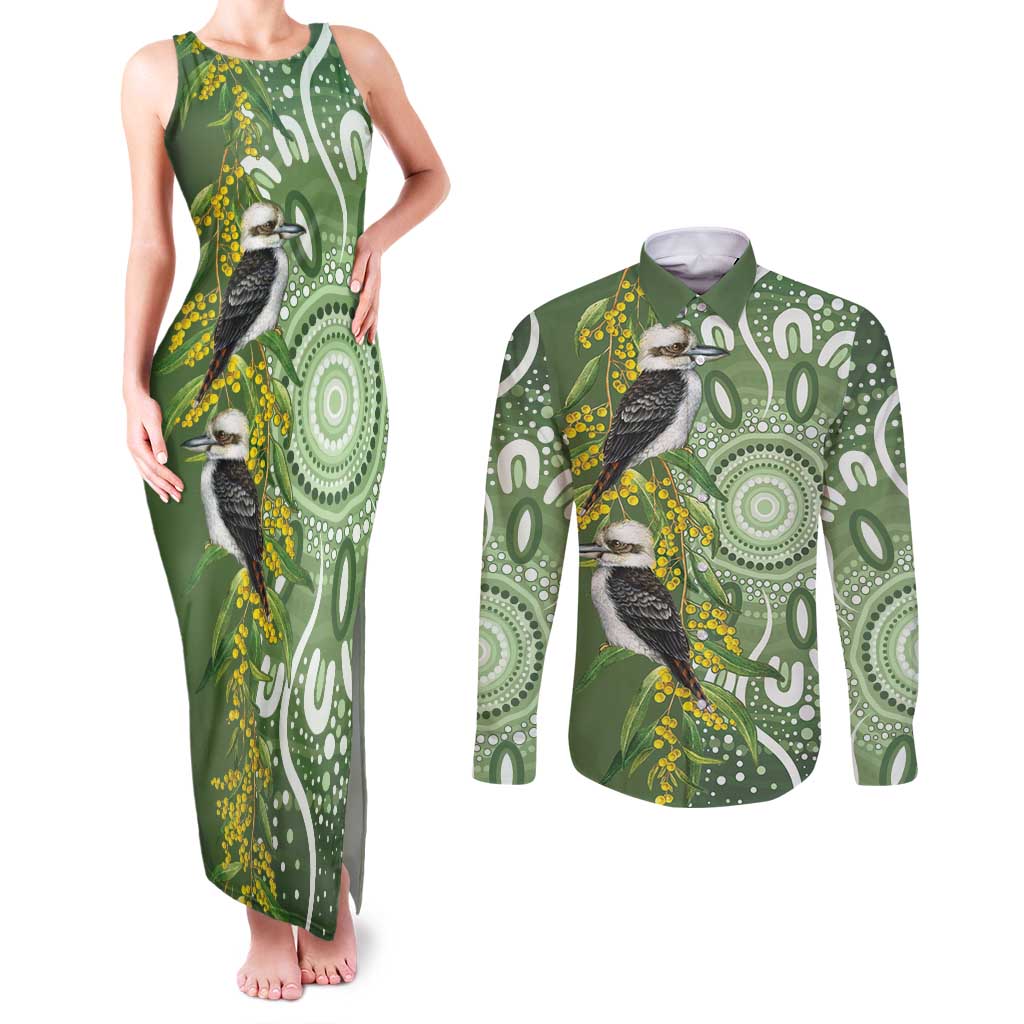 Aussie Kokaburra Golden Wattle Couples Matching Tank Maxi Dress and Long Sleeve Button Shirt Aboriginal with National Color