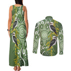 Aussie Kokaburra Golden Wattle Couples Matching Tank Maxi Dress and Long Sleeve Button Shirt Aboriginal with National Color