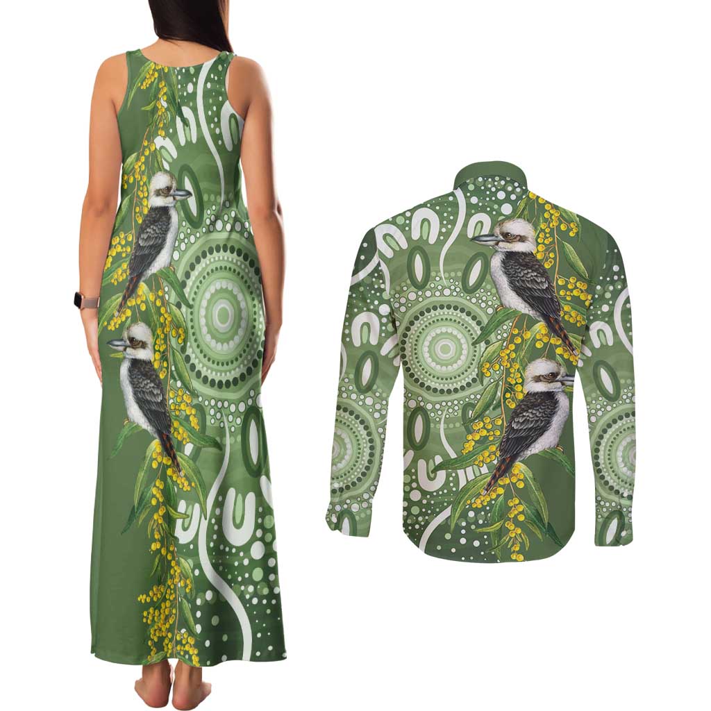 Aussie Kokaburra Golden Wattle Couples Matching Tank Maxi Dress and Long Sleeve Button Shirt Aboriginal with National Color