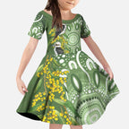 Aussie Kokaburra Golden Wattle Kid Short Sleeve Dress Aboriginal with National Color