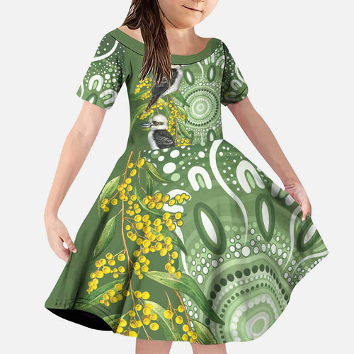 Aussie Kokaburra Golden Wattle Kid Short Sleeve Dress Aboriginal with National Color