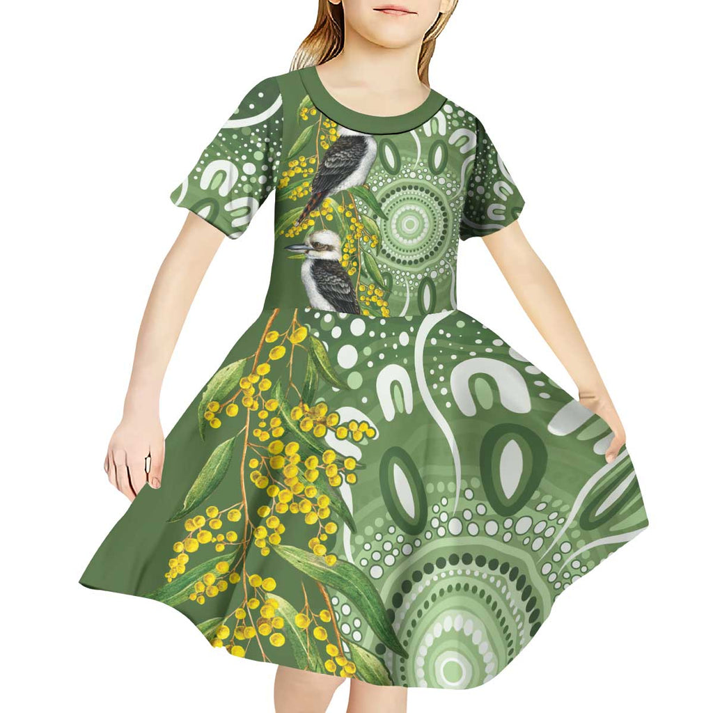 Aussie Kokaburra Golden Wattle Kid Short Sleeve Dress Aboriginal with National Color