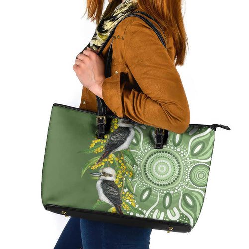 Aussie Kokaburra Golden Wattle Leather Tote Bag Aboriginal with National Color